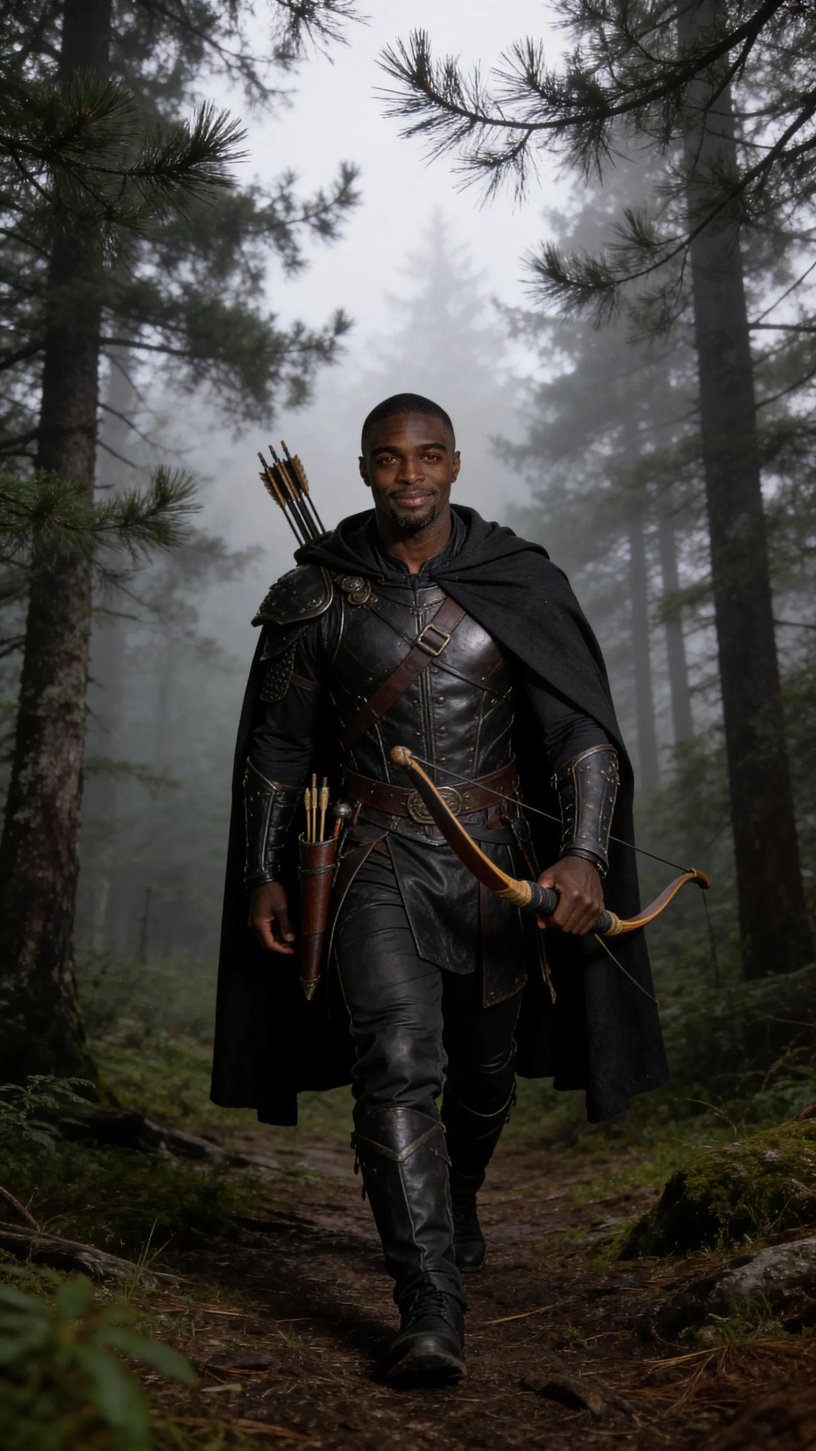 Same character hunter cosplay walking through misty forest, lifestyle photo