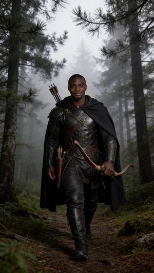 Same character hunter cosplay walking through misty forest, lifestyle photo