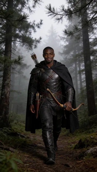 Same character hunter cosplay walking through misty forest, lifestyle photo