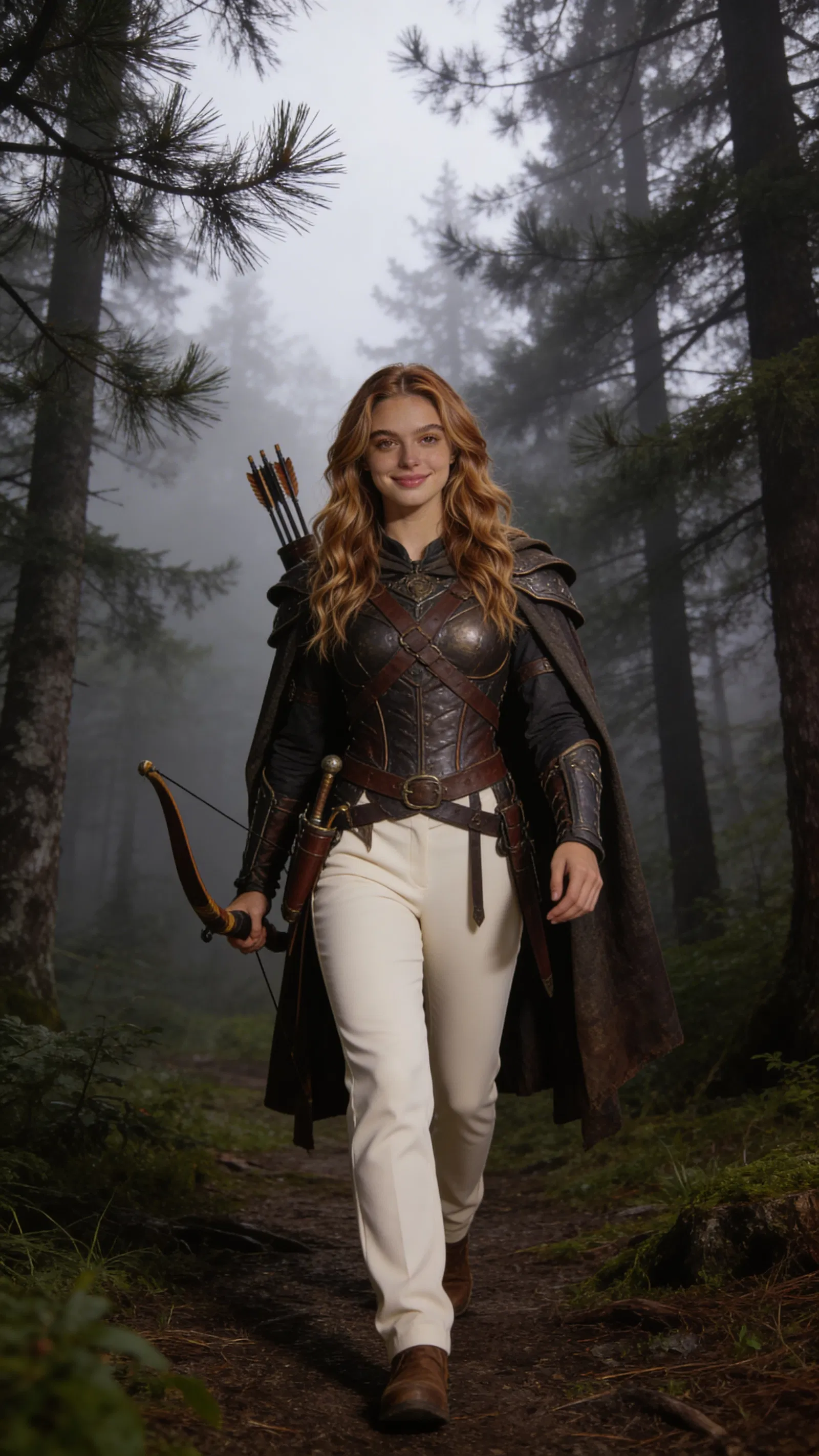 Same character hunter cosplay walking through misty forest, lifestyle photo