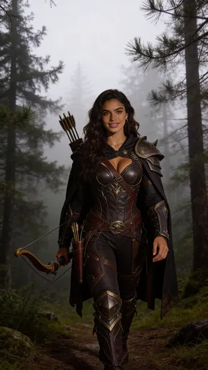 Same character hunter cosplay walking through misty forest, lifestyle photo