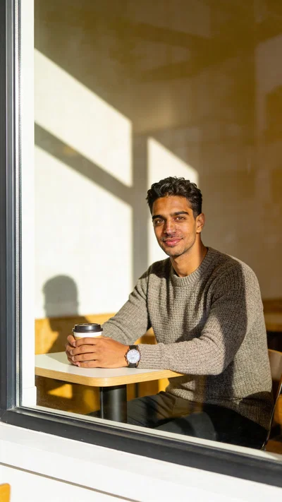 Same character in a cafe window shot for everyday Instagram photos
