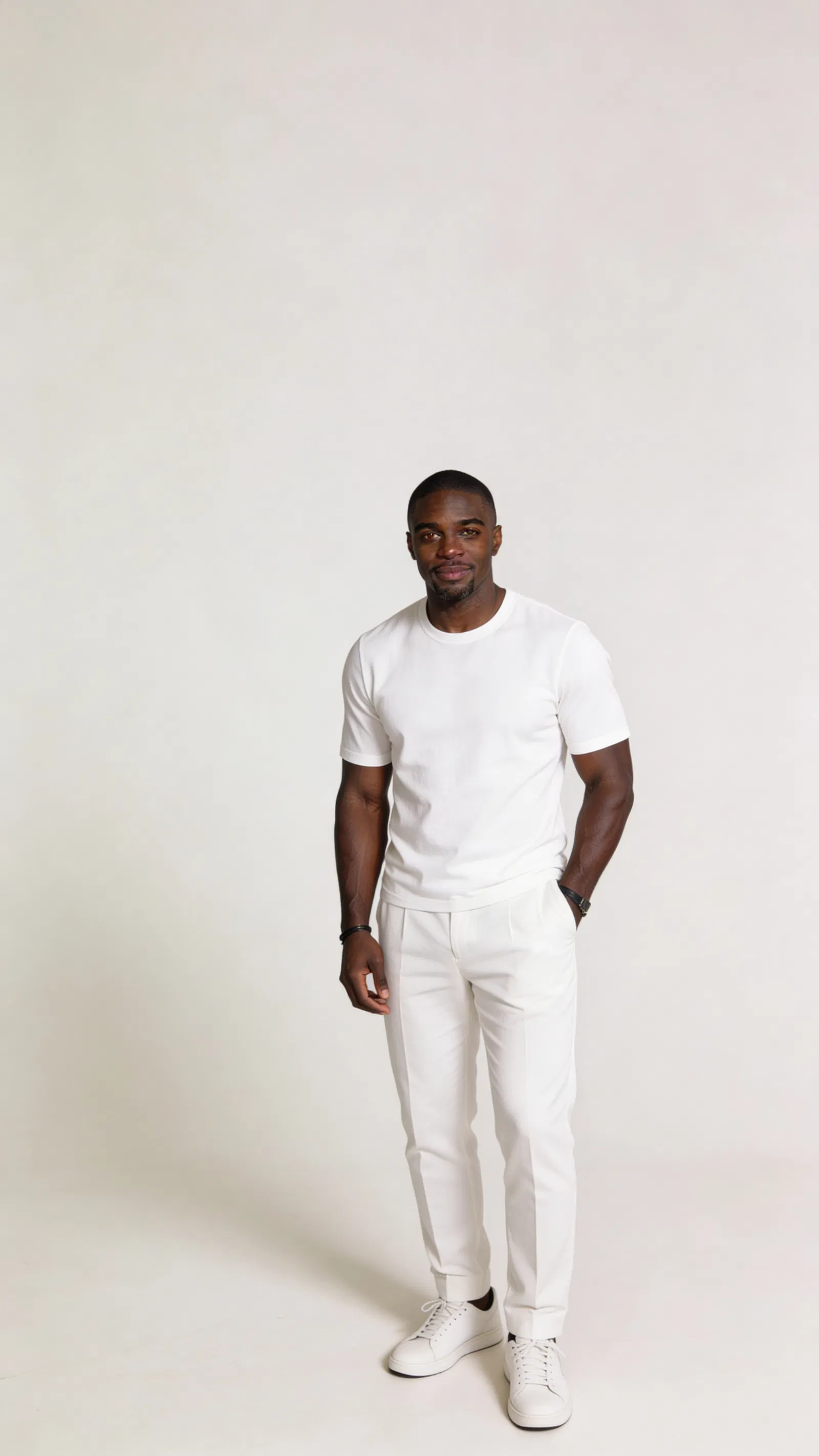 Same character in a minimalist full-body studio shot for cohesive IG feed