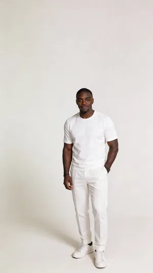 Same character in a minimalist full-body studio shot for cohesive IG feed