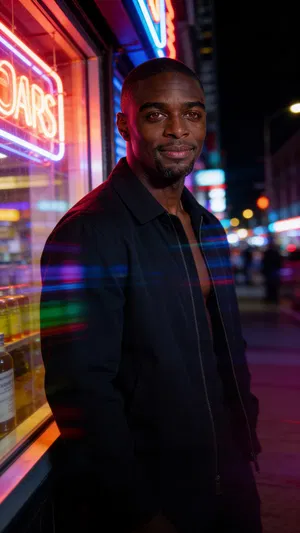 Same character in a neon-night portrait for bold Instagram content photos