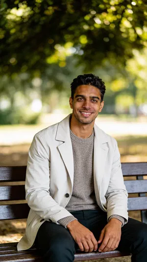Same character in a park bench portrait for natural Instagram photos