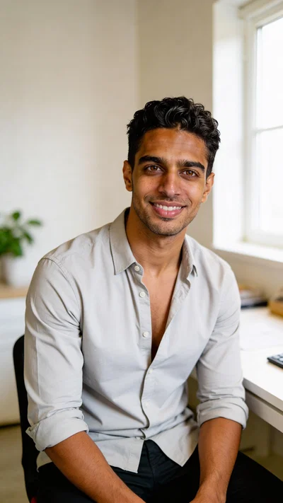 Same character in an at-home office portrait for professional Instagram photos