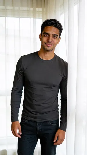 Same character in apartment window light, clean at-home dating profile portrait