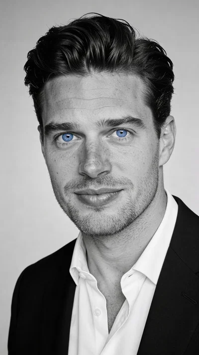 Same character in black-and-white corporate headshot style