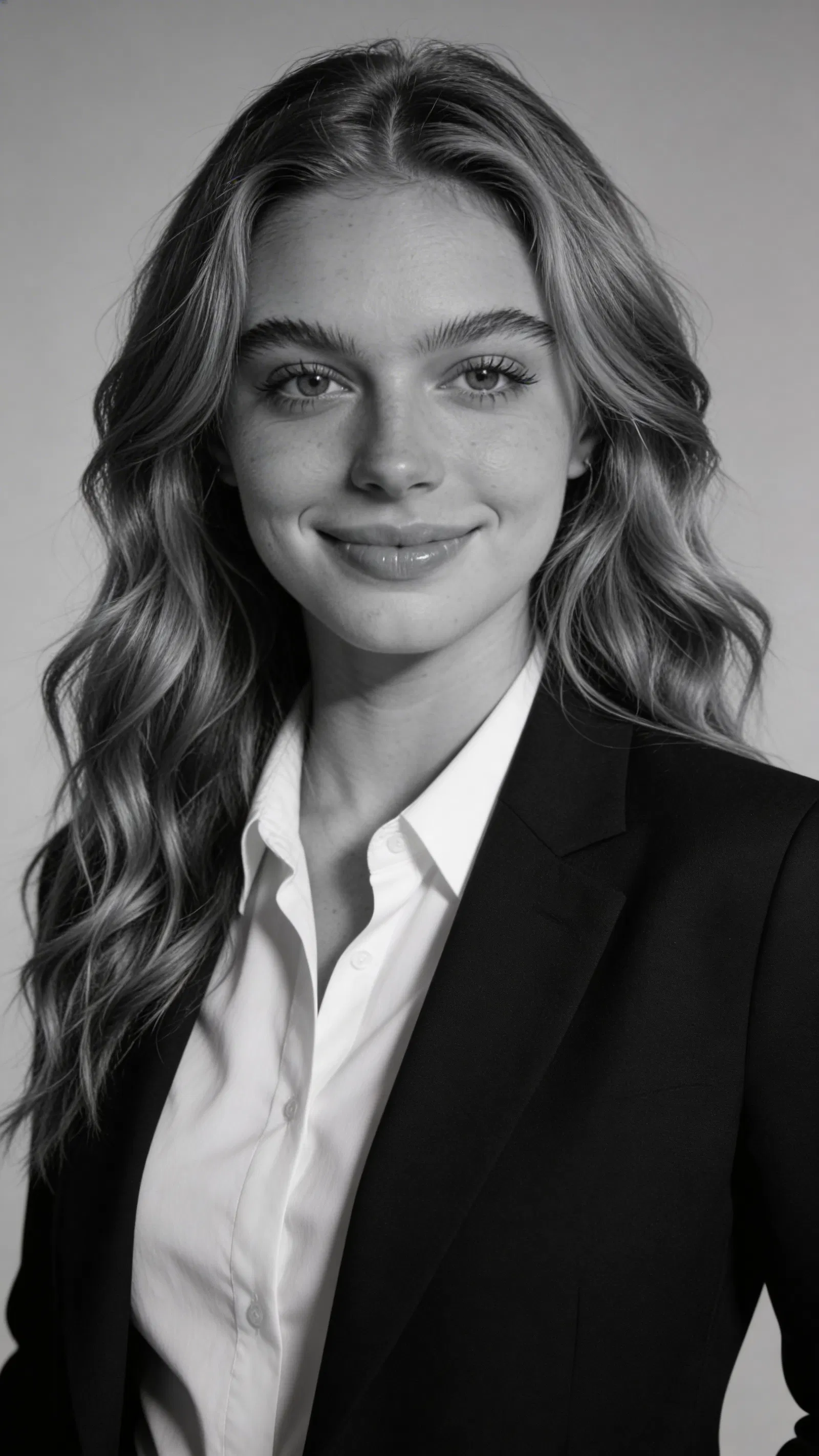 Same character in black-and-white corporate headshot style