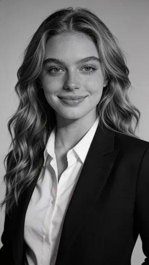 Same character in black-and-white corporate headshot style
