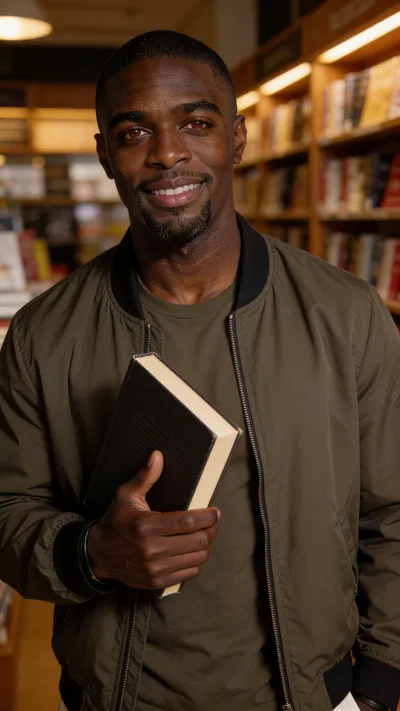 Same character in bookstore holding book, warm candid dating profile photo
