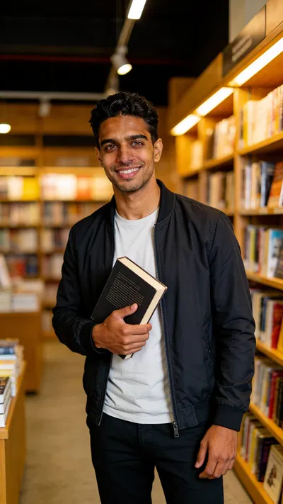 Same character in bookstore holding book, warm candid dating profile photo