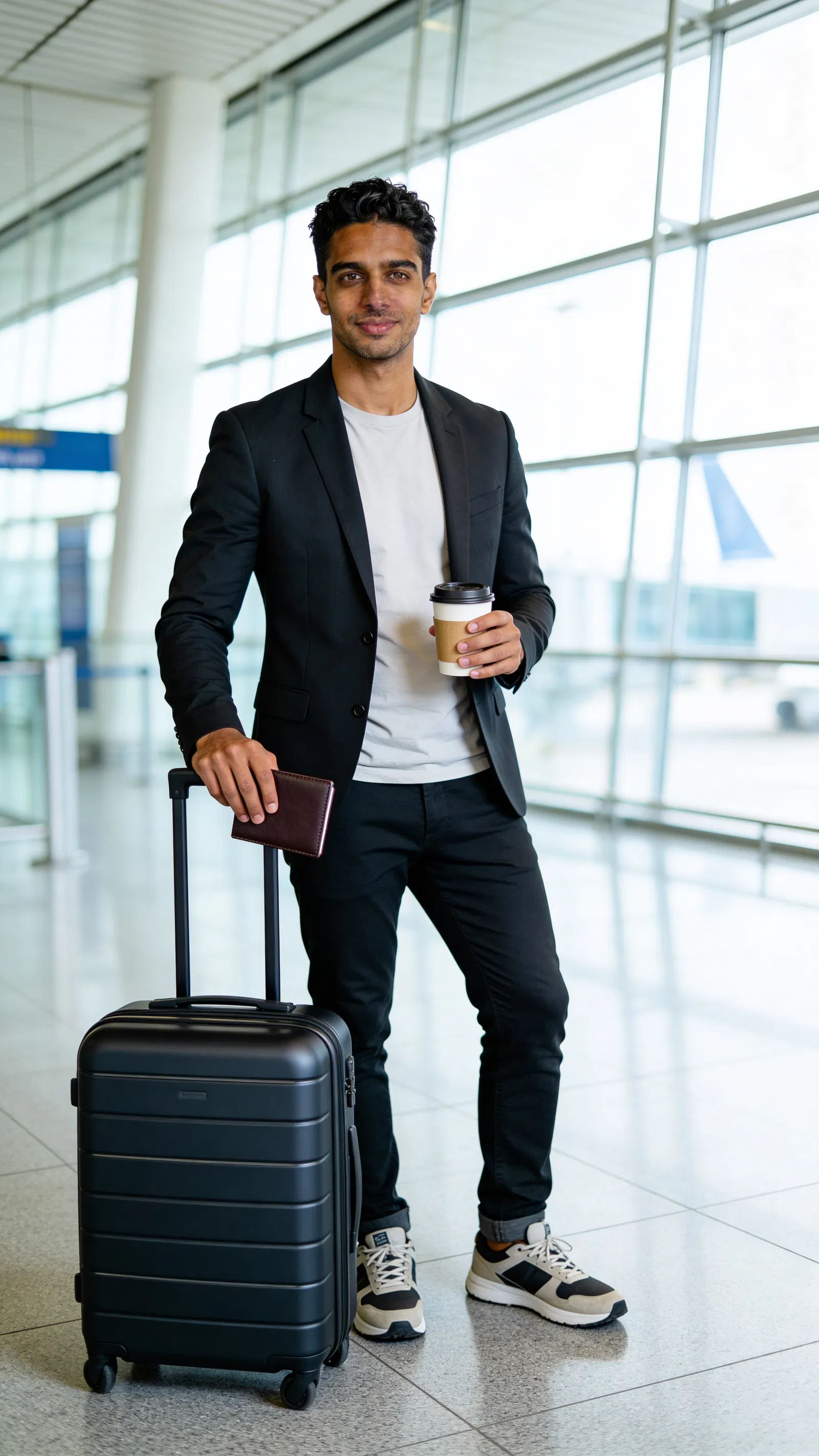 Same character in bright airport terminal with carry-on, polished travel branding look.