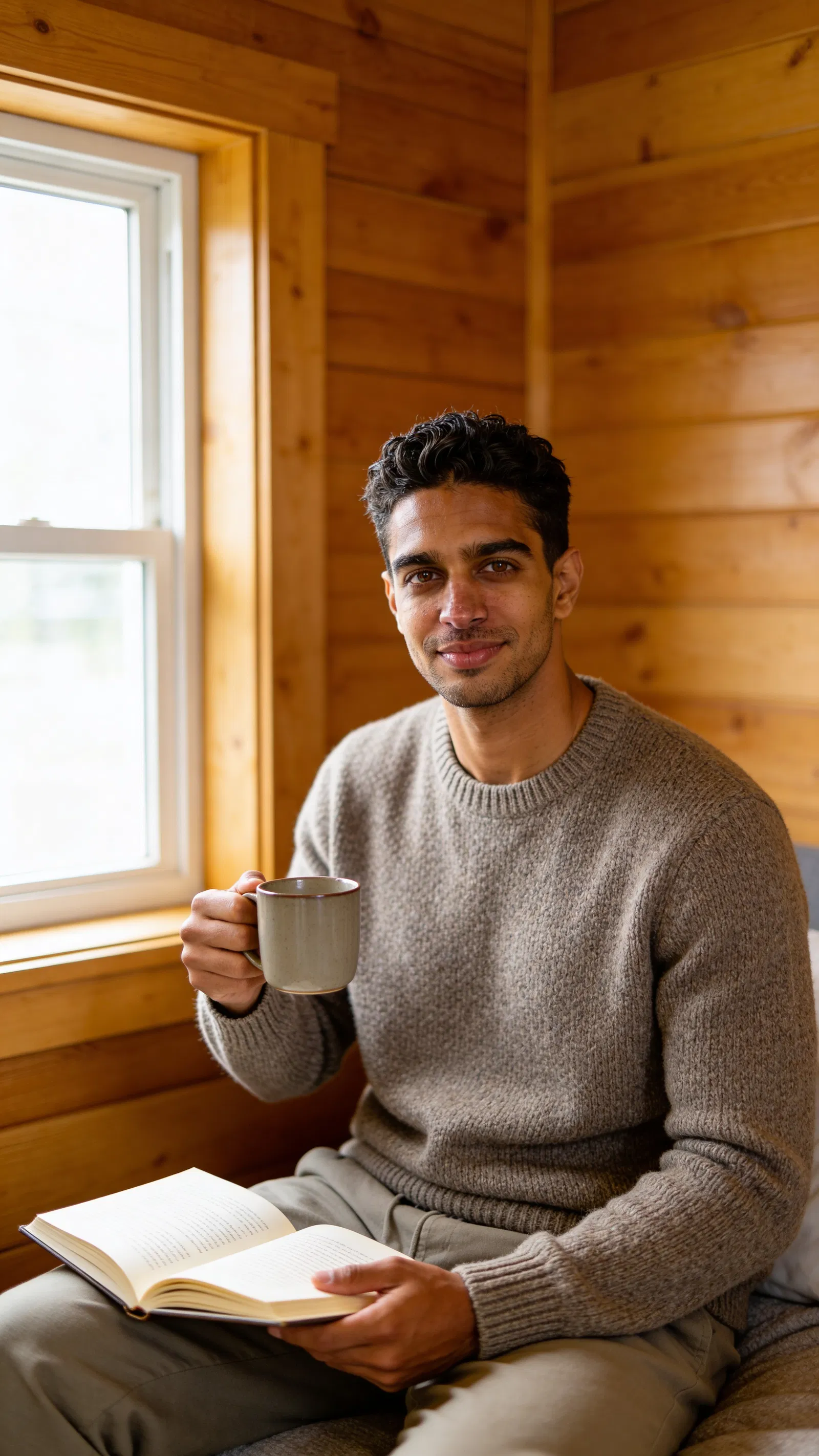 Same character in cabin by window with mug and journal, cozy travel vibe.