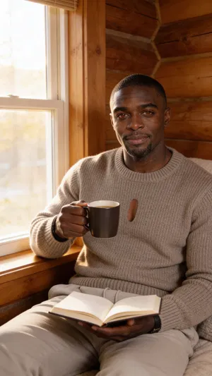 Same character in cabin by window with mug and journal, cozy travel vibe.