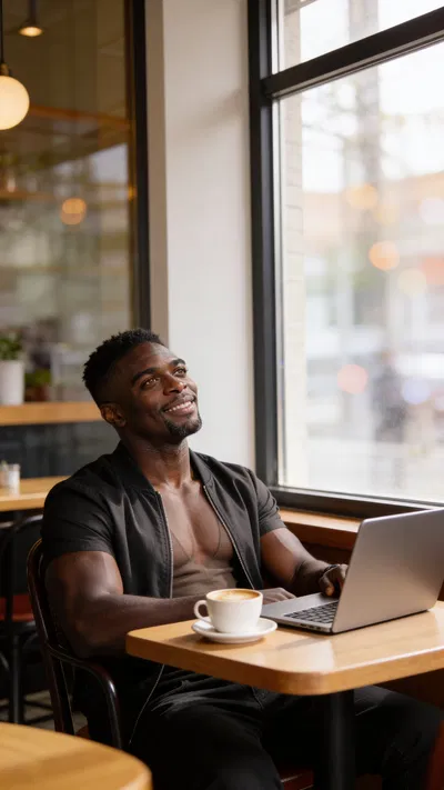 Same character in café lifestyle scene for authentic social posts