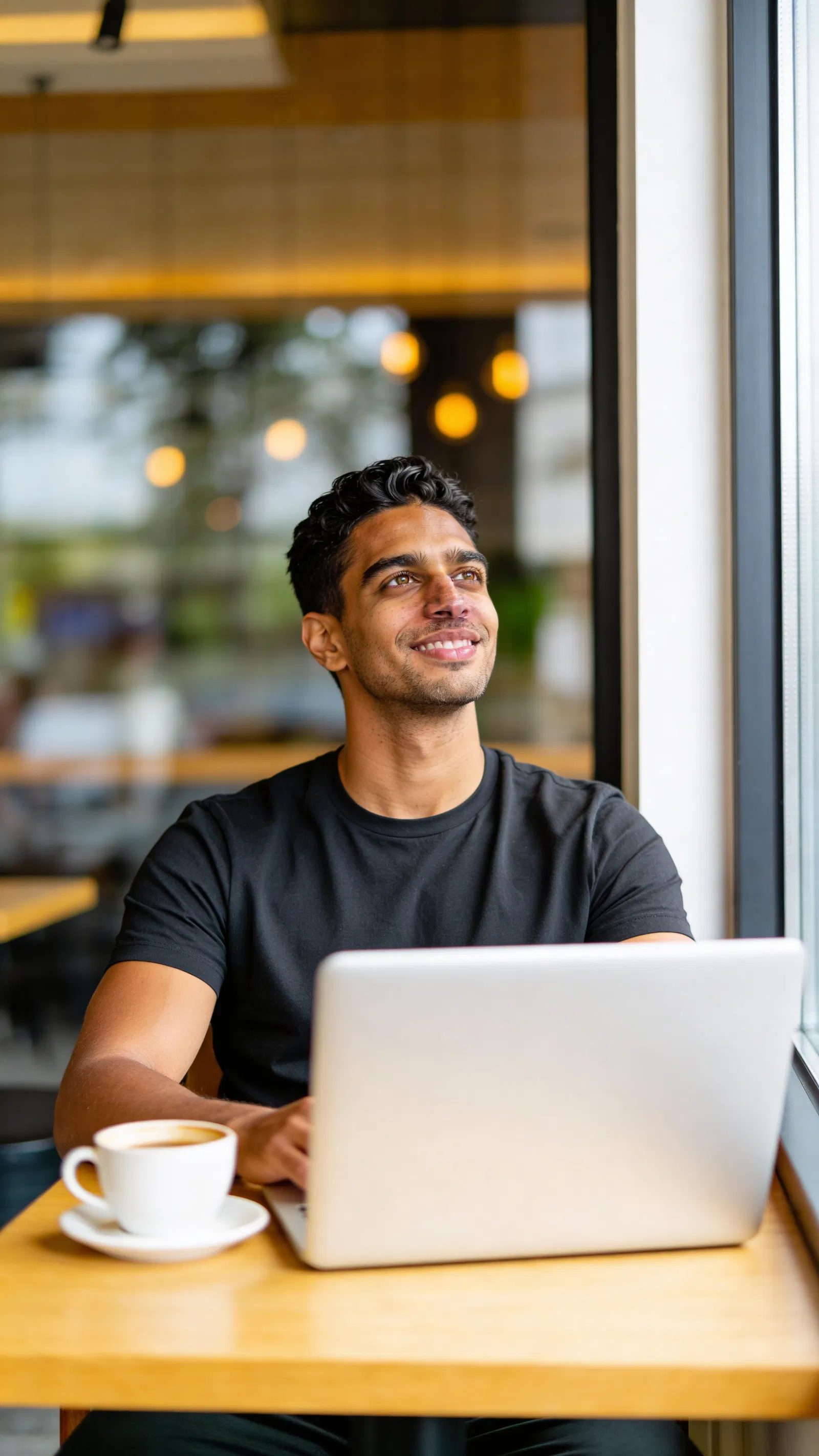 Same character in café lifestyle scene for authentic social posts