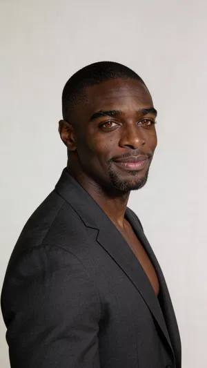 Same character in charcoal suit clean studio profile-style portrait