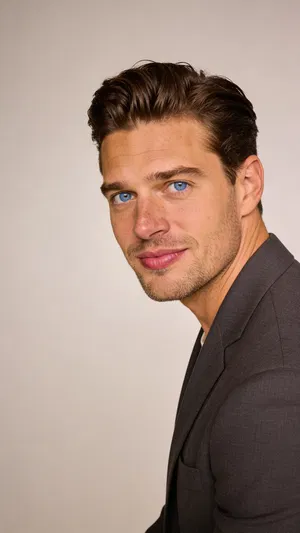 Same character in charcoal suit clean studio profile-style portrait