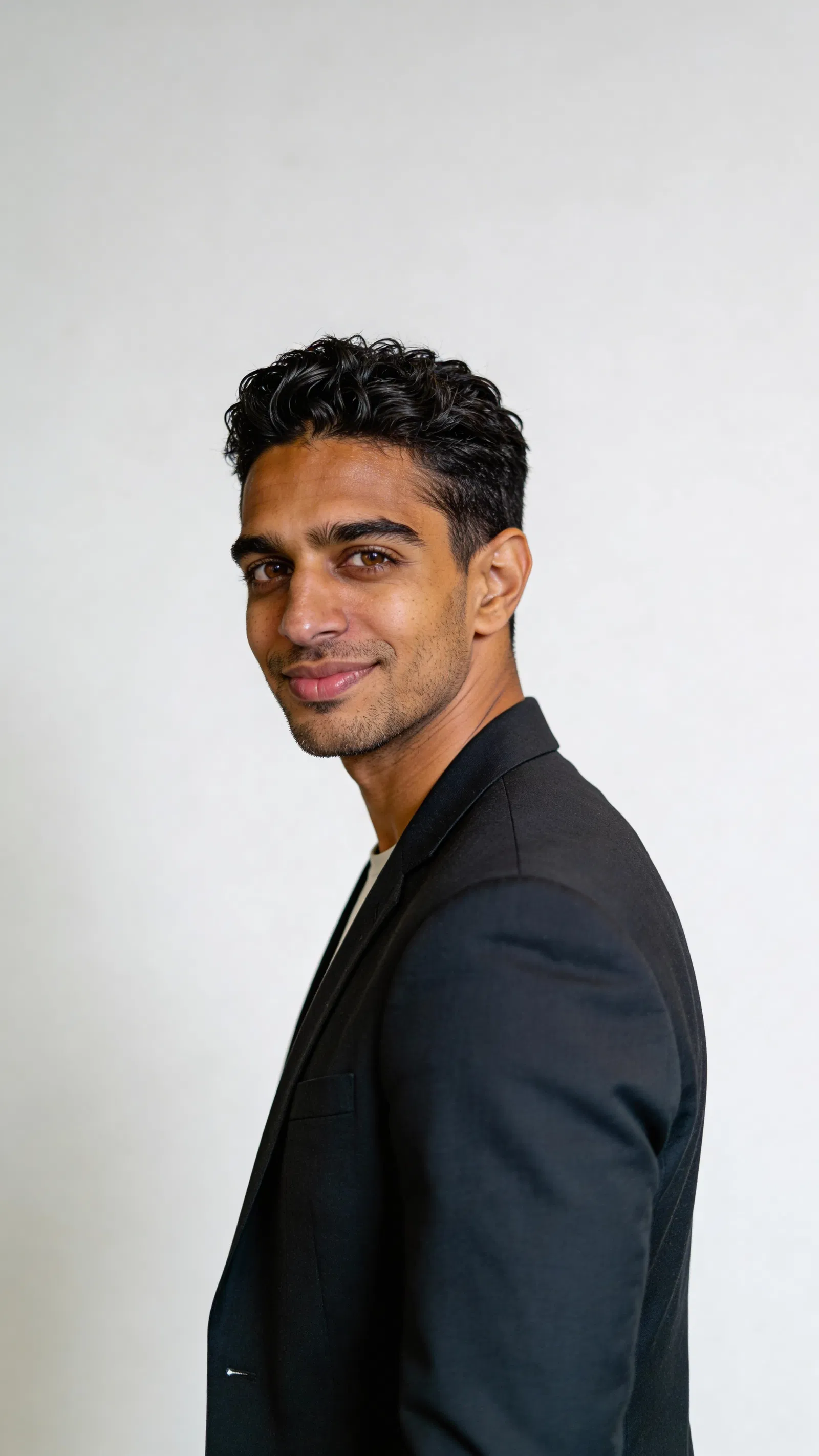 Same character in charcoal suit clean studio profile-style portrait