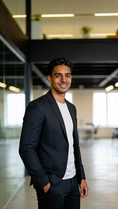 Same character in coworking space, 3/4 body founder-style portrait