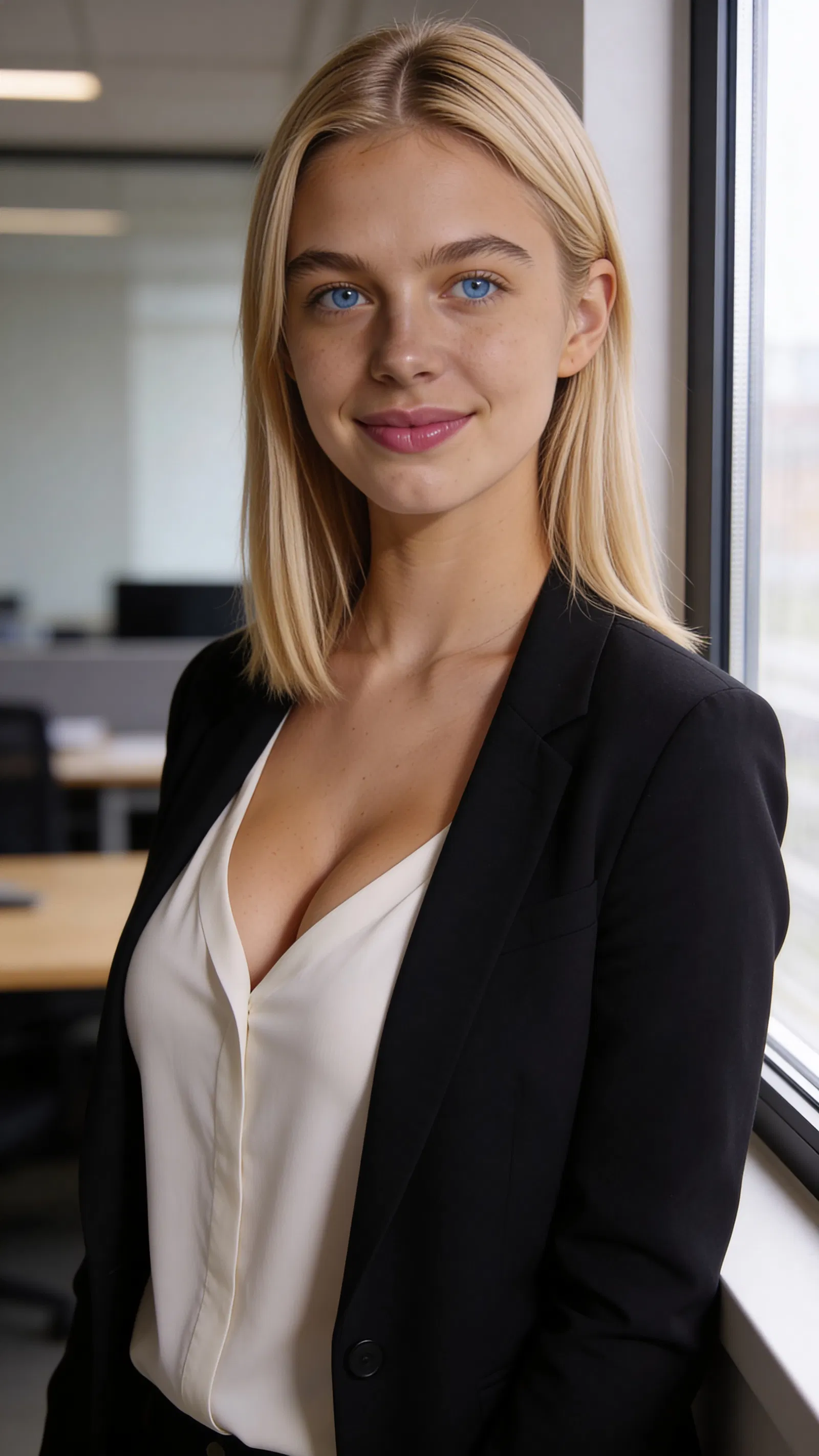 Same character in coworking space with half-body professional resume photo lighting