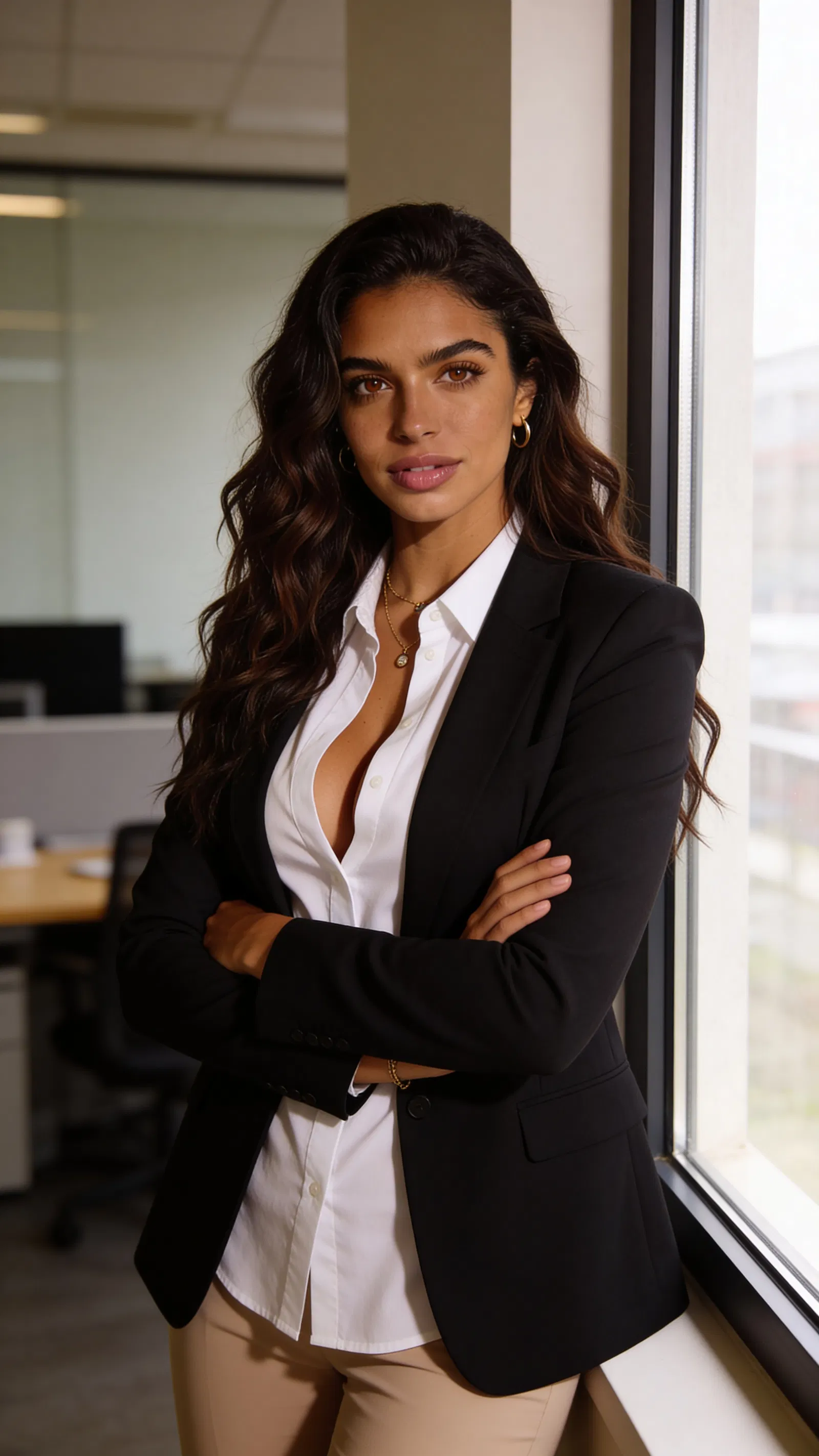 Same character in coworking space with half-body professional resume photo lighting