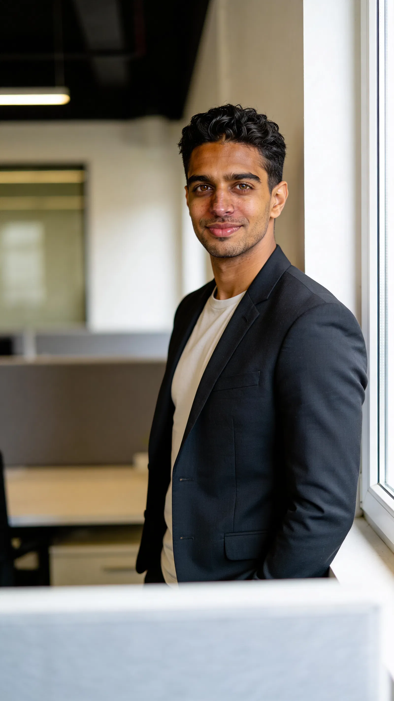 Same character in coworking space with half-body professional resume photo lighting