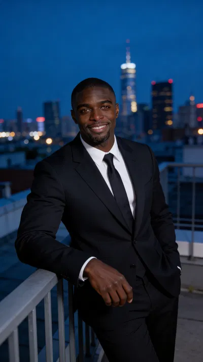 Same character in dark suit on rooftop at blue hour