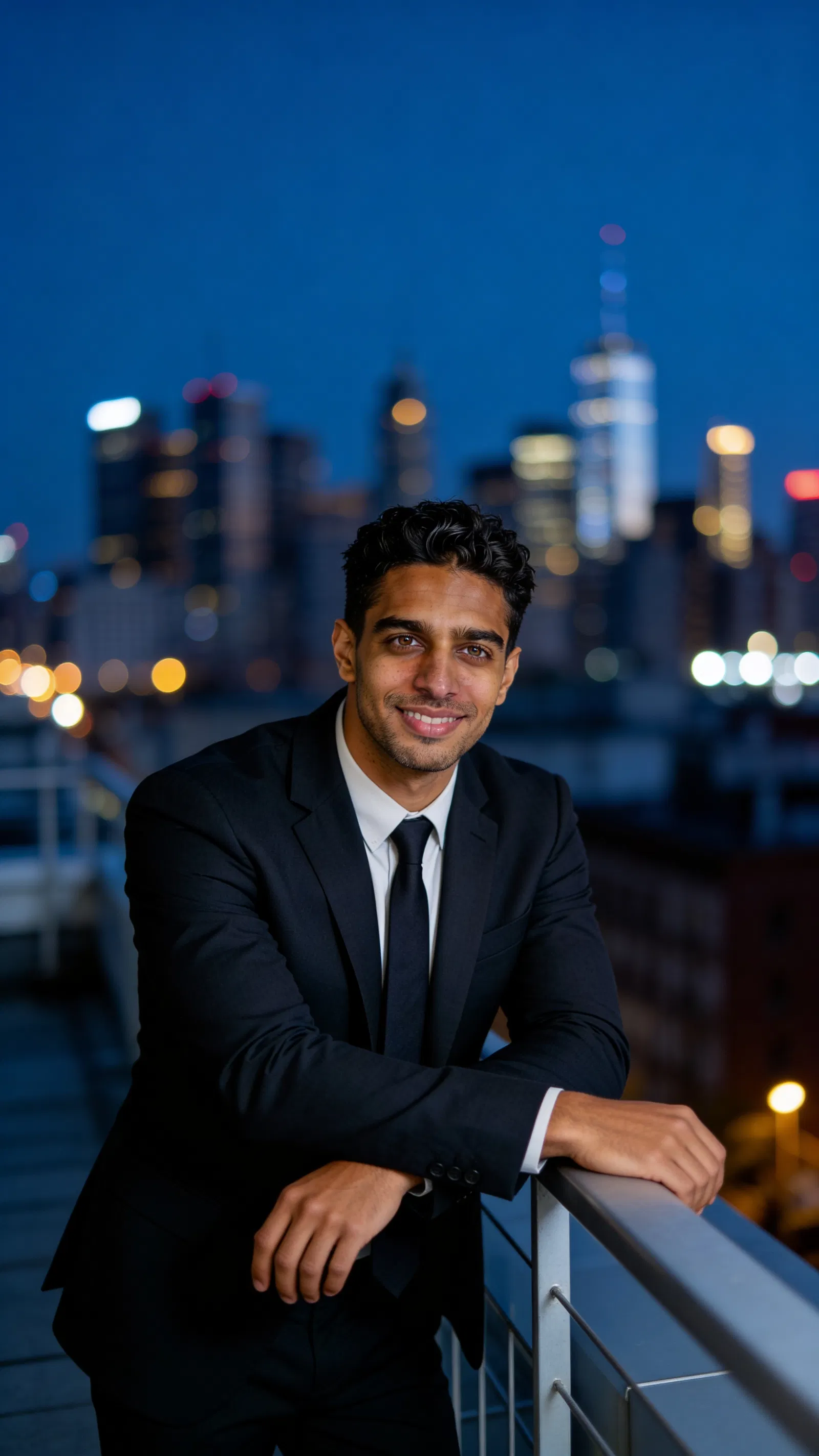 Same character in dark suit on rooftop at blue hour