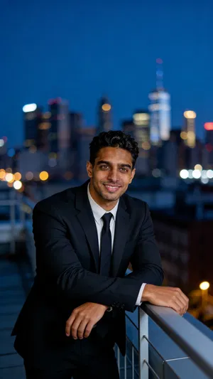 Same character in dark suit on rooftop at blue hour