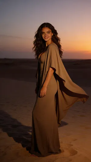 Same character in desert dusk full-body high-fashion editorial shot