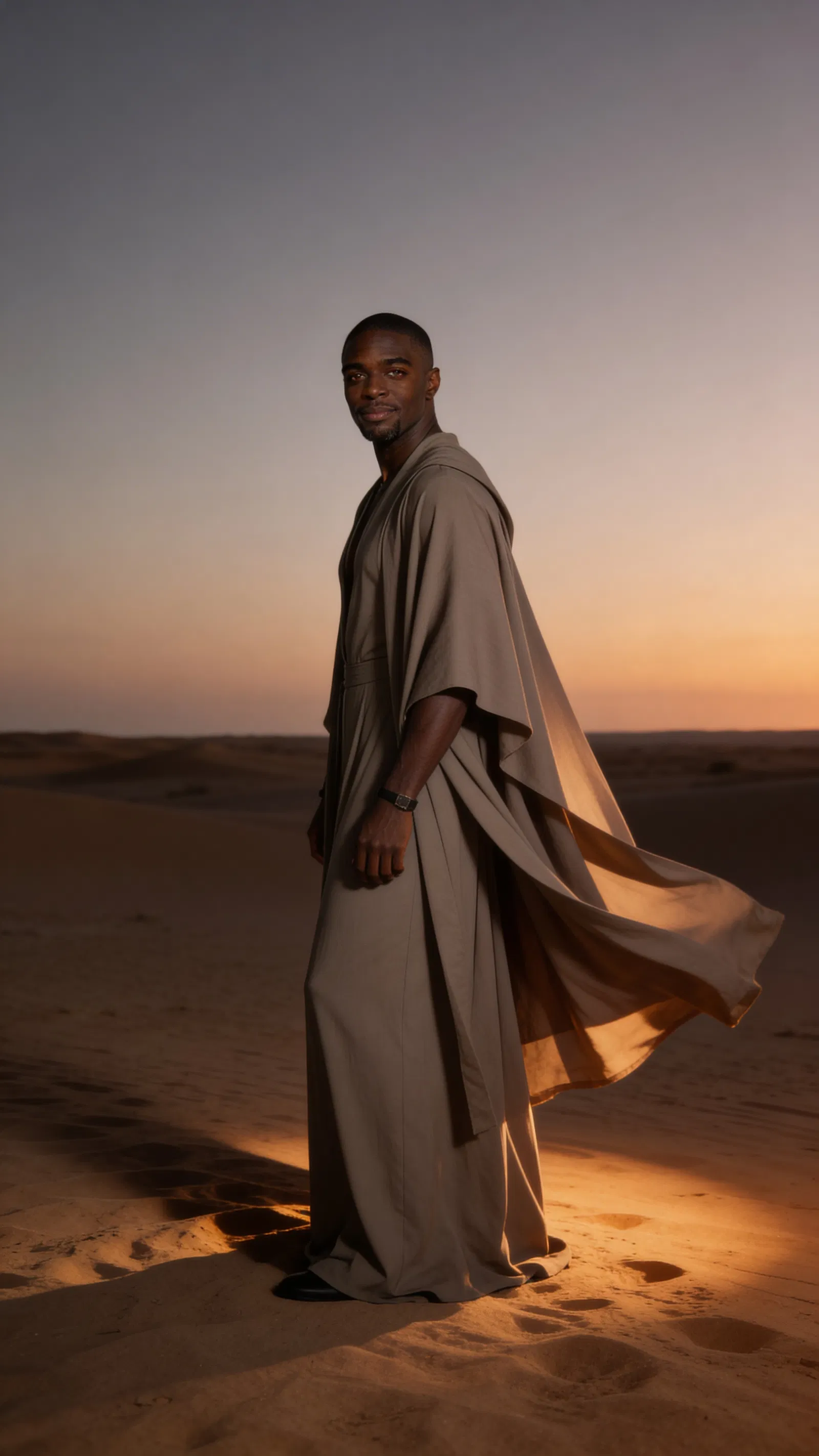 Same character in desert dusk full-body high-fashion editorial shot