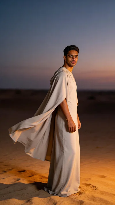 Same character in desert dusk full-body high-fashion editorial shot