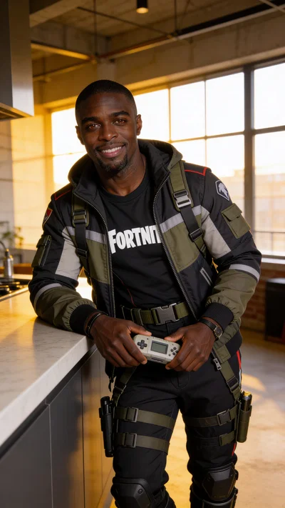 Same character in Fortnite-inspired streetwear, loft half-body portrait