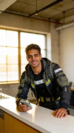 Same character in Fortnite-inspired streetwear, loft half-body portrait