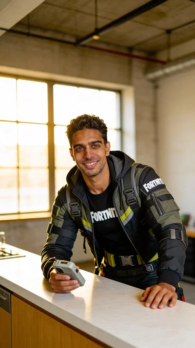 Same character in Fortnite-inspired streetwear, loft half-body portrait