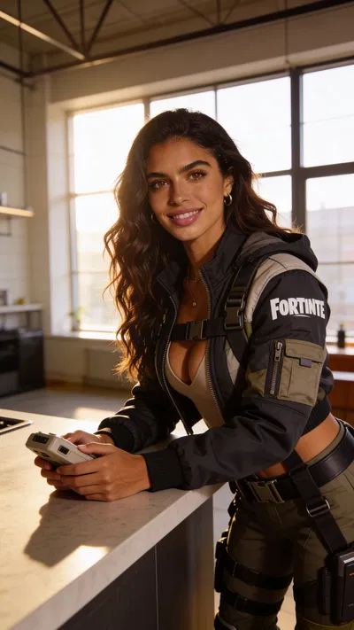 Same character in Fortnite-inspired streetwear, loft half-body portrait