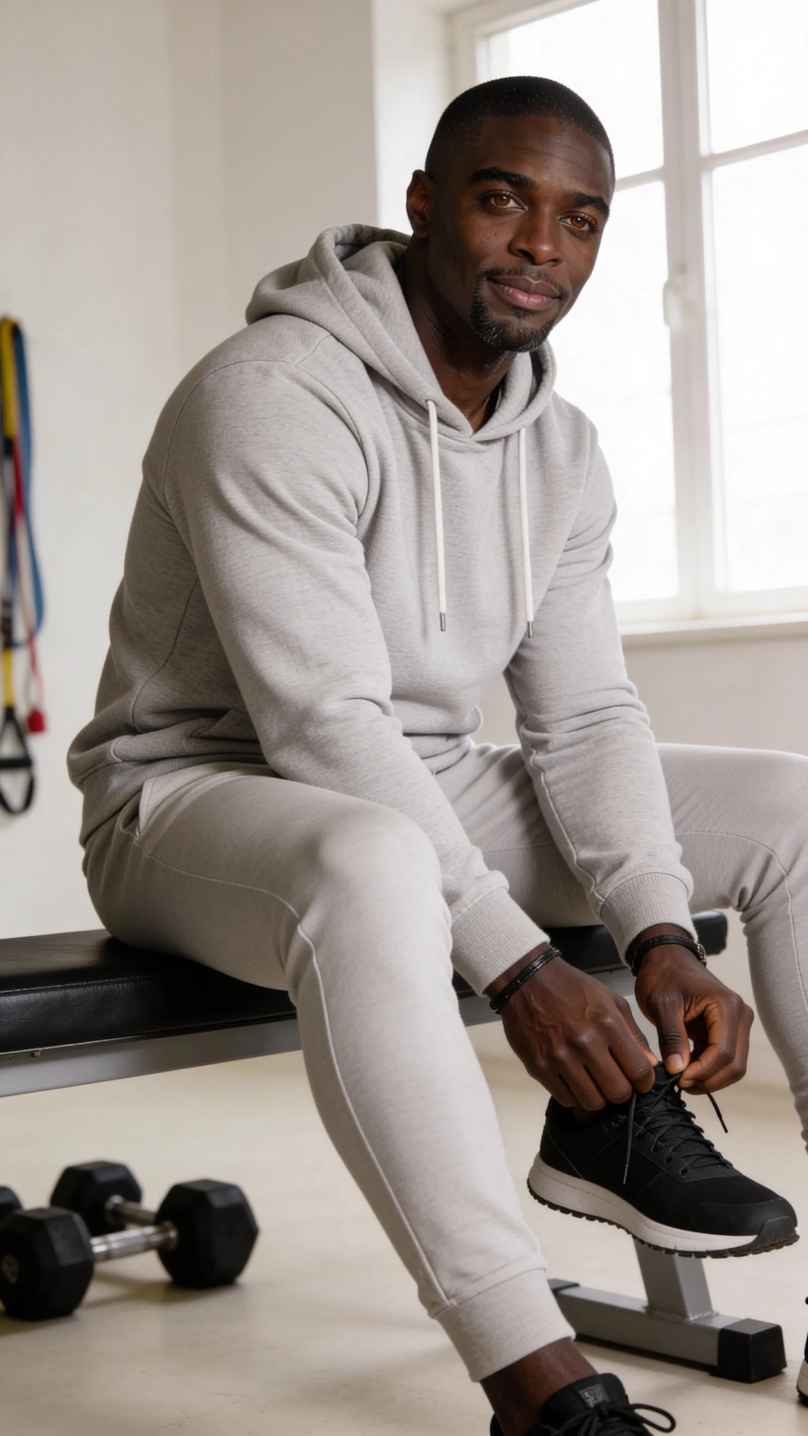 Same character in home gym for DIY fitness photoshoot