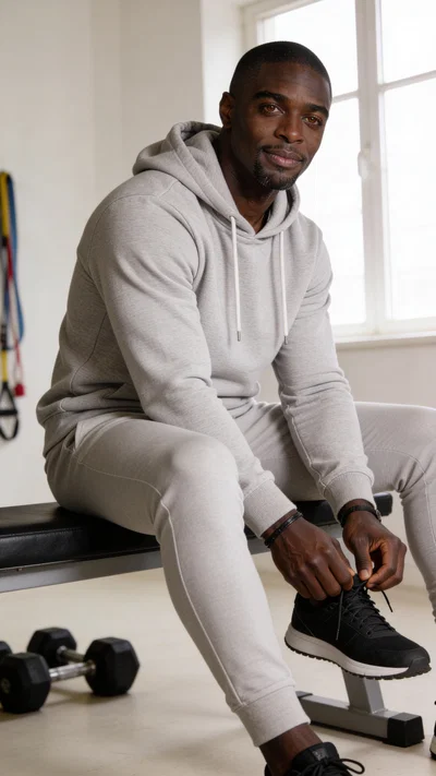 Same character in home gym for DIY fitness photoshoot