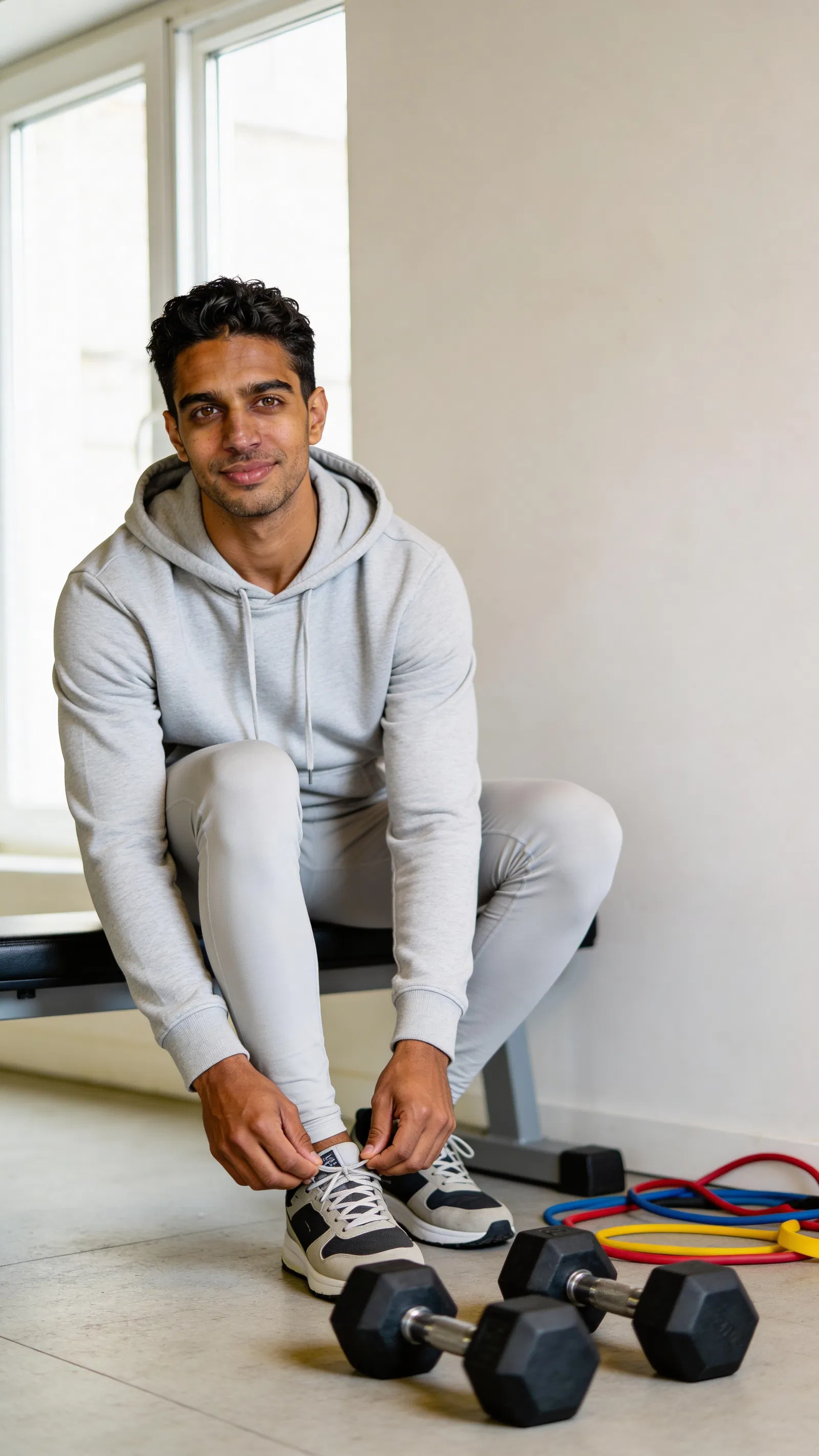 Same character in home gym for DIY fitness photoshoot