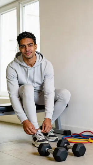 Same character in home gym for DIY fitness photoshoot