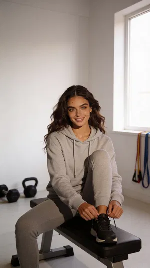 Same character in home gym for DIY fitness photoshoot