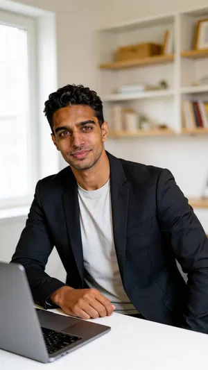 Same character in home office, authentic work-from-home headshot