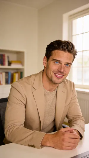 Same character in home office for corporate headshots from home