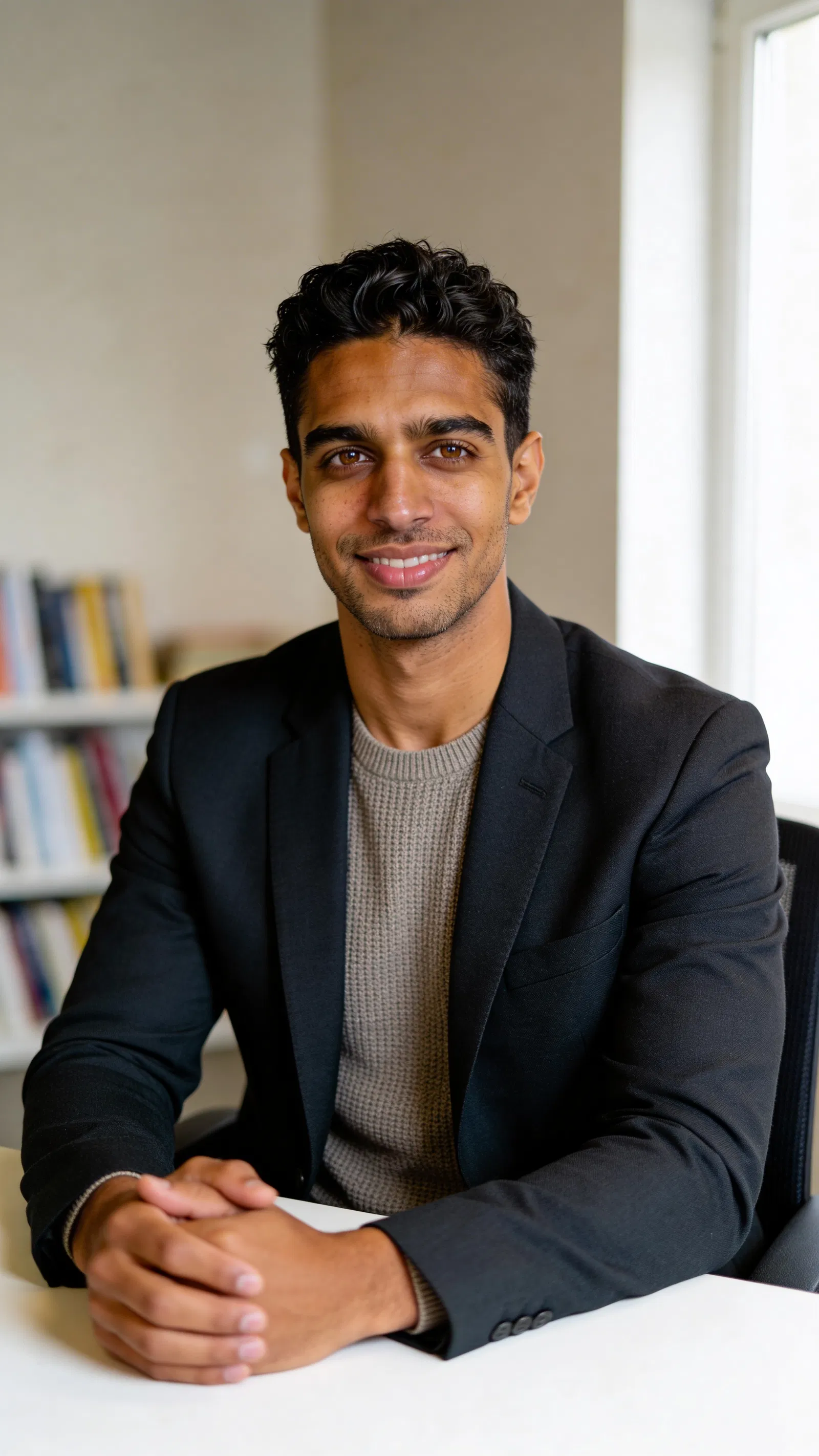 Same character in home office for corporate headshots from home