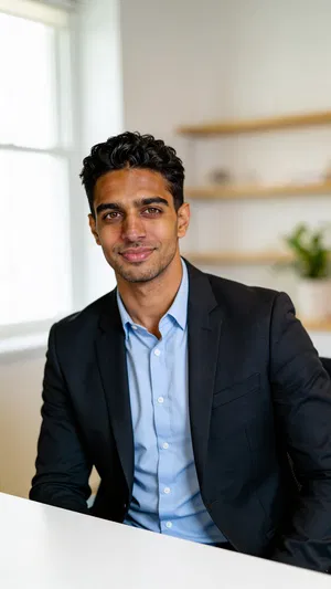 Same character in home office with natural light, half-body resume portrait