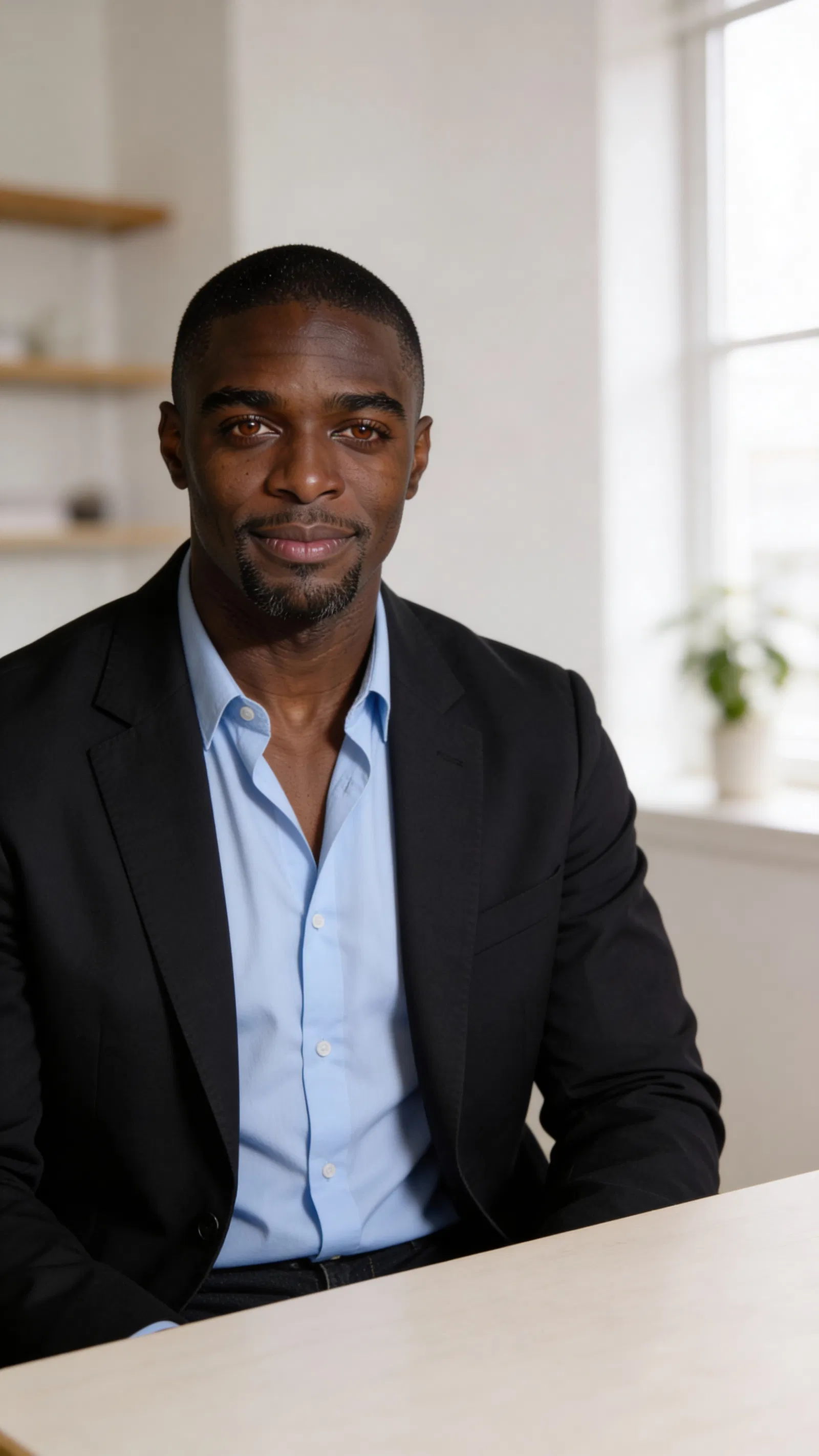 Same character in home office with natural light, half-body resume portrait