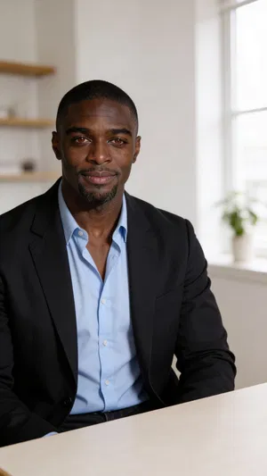 Same character in home office with natural light, half-body resume portrait